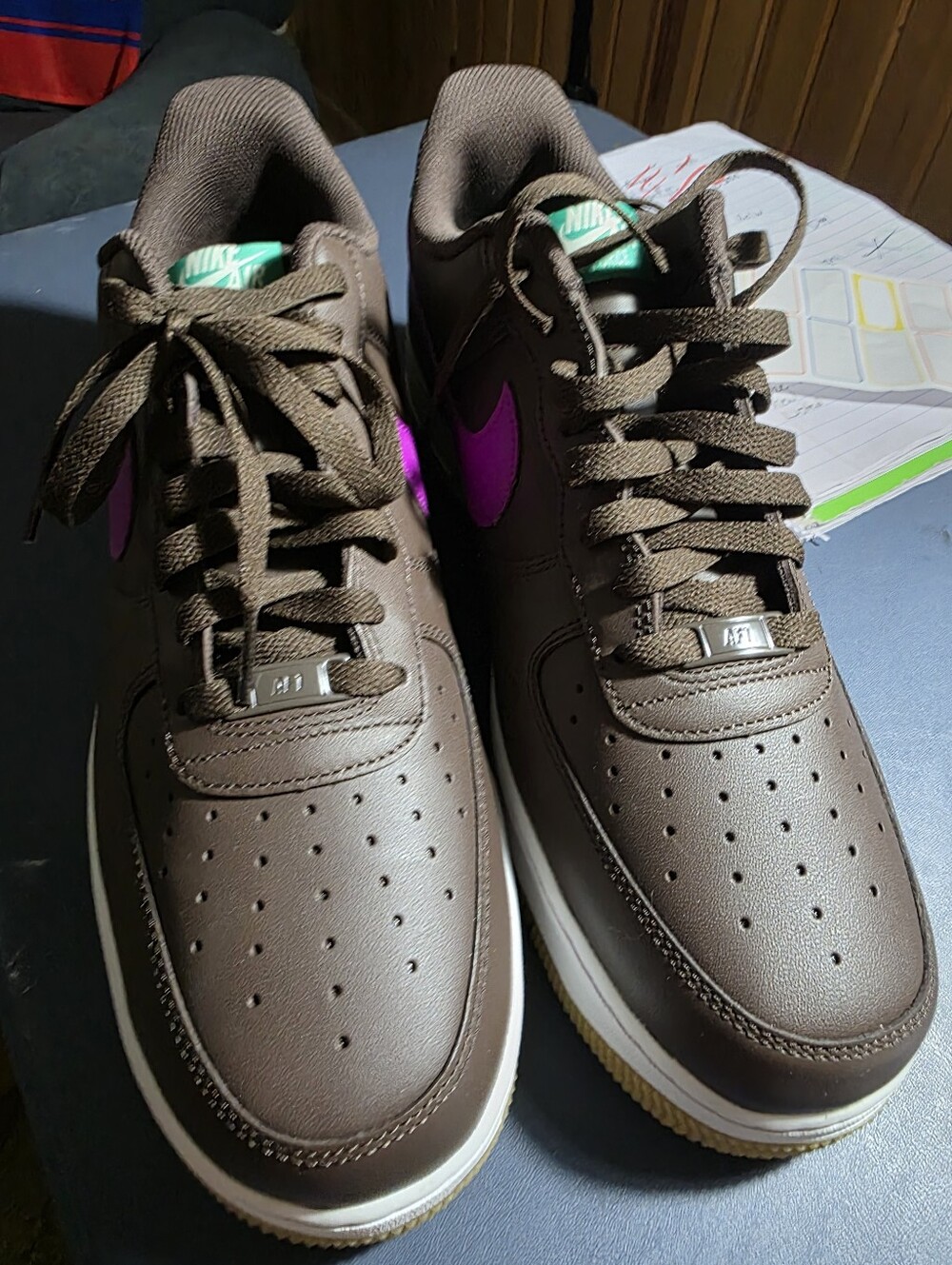 Nike AF1 "Baroque Brown" Sneakers with Pink Swoosh, Size 13m.